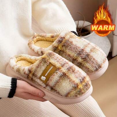 1pc ECAC Retro Checkered Casual Shoes - Men's And Women's Warm Winter Indoor Home Slippers With Plush Lining And Thick Soft EVA/PVC Sole, Non Slip Comfortable Neutral Slippers, Blue/Green/Beige/Brown/Grey/Black/White, Autumn/Winter Heavy Moccasin Style Floor Slippers, Retro Checkered Pattern Suitable For Casual And British Decor, Daily Wear And Casual Use, Ideal Autumn/Winter Christmas Gift For Family And Partners