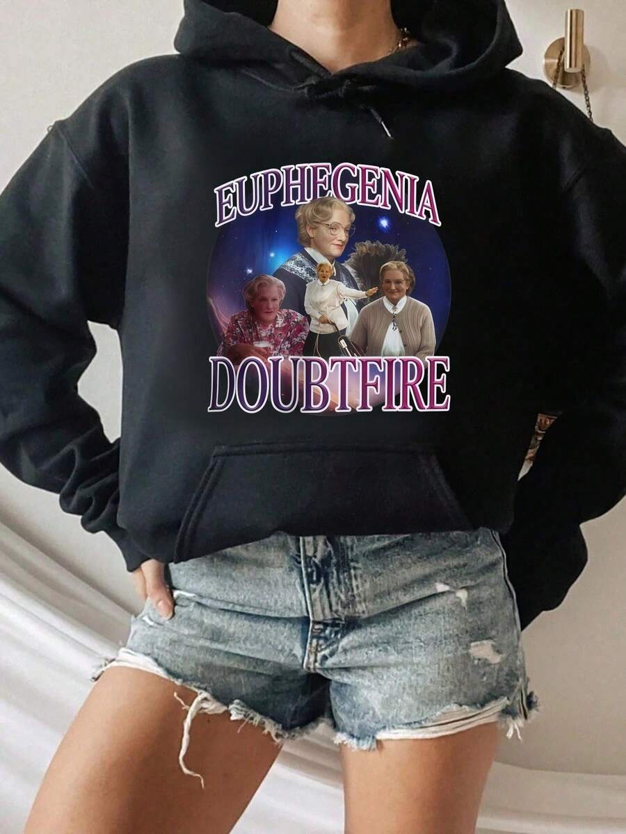 Sweat-shirt à capuche à manches courtes et col rond avec motif, inspiré de l'affiche du film Euphegenia Doubtfire, pour femmes et hommes - Noir - Voir 1
