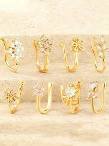 6/8/10pcs Gold-Plated Faux Nose Piercing Clip Set With Micro-Inlaid Cubic Zirconia, U-Shaped Nose Rings In Demon Eye / Lightning Designs, Versatile Nose Accessories For Festivals, Halloween, Parties, Daily Wear, Women's Gift