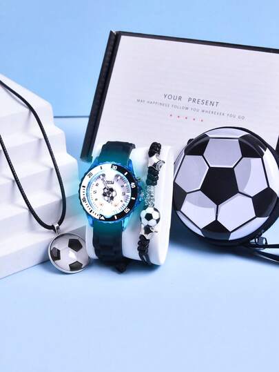 4pcs/Set Boys' Christmas Gift Birthday Present: Soft Silicone Strap Sports Watch With LED Light, Quartz Wristwatch, Football Coin Purse, Earphone Storage Box, Pendant Necklace & Bracelet Set