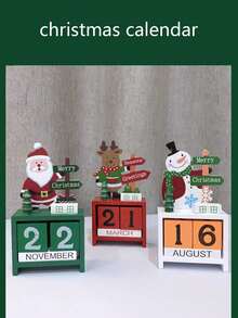 1pc Wooden Creative Christmas Cartoon Desktop Decor Gift Box Packaging Perpetual Calendar, Halloween, Halloween Decoration