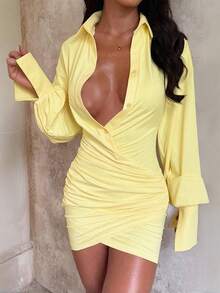 1pc Solid Color Casual Pleated Crossover Ruffle Hem Bodycon Shirt Dress, Everyday Wear, All Season - Yellow - View 4