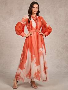 女士V领泡泡袖水钻饰边抽绳喇叭下摆随机印花优雅度假连衣裙 - 橘色 - 查看 6