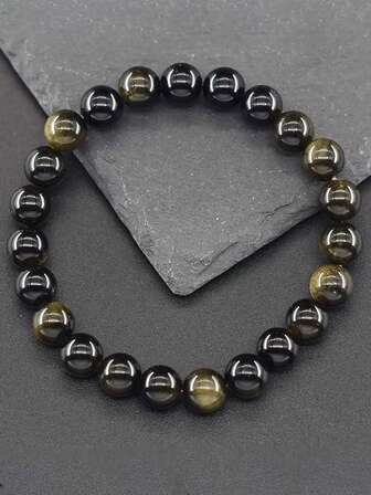 YAUKIA Natural Golden Obsidian Stone Beads Bracelet Men Women Golden Light Rainbow Obsidian Tourmaline Wealth Money Round Jewelry Gift