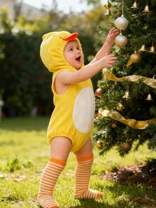 Baby Girls Casual Hooded Romper Sleeveless Zip Up Animal Chick Romper With Striped Socks - 黃色 - 查看 5