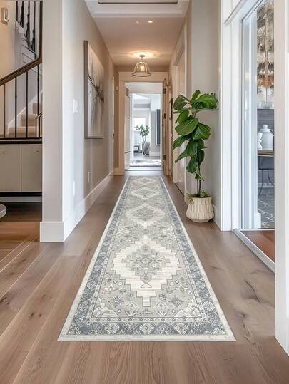 1 pieza Alfombra gris, estilo bohemio, alfombra de pasillo, 850g/m² lavable a máquina, decoración del hogar, sala de estar, cocinas, pasillos, dormitorio, comedor, oficina, para todas las estaciones