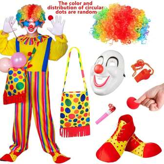 8件套成人小丑服装套装，包括小丑服、假发、鼻子、面具、小丑包、鞋子、马戏道具，适合嘉年华角色扮演、马戏派对、角色扮演等场合，打造滑稽可爱的小丑造型。