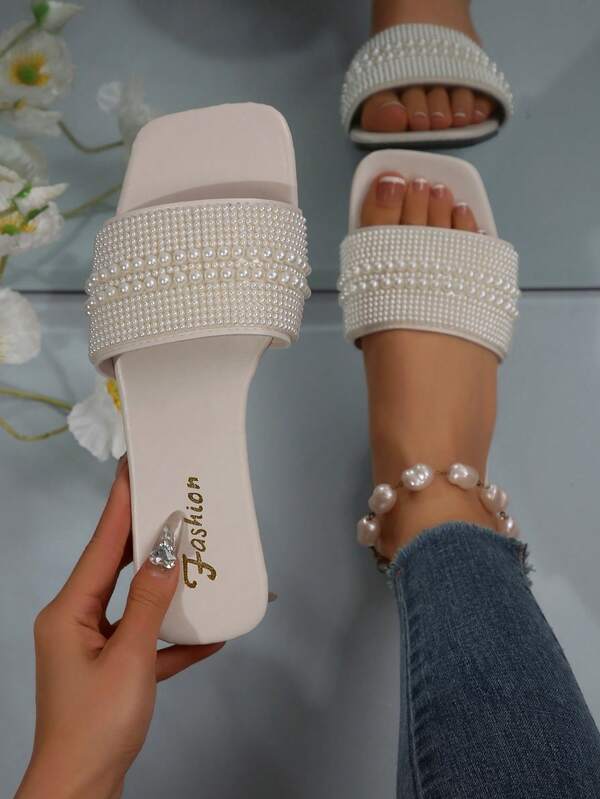 Women's One-Strap Rhinestone Decorated Sandals, Casual Versatile Outdoor Plastic Flat Slippers