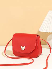 Mini Butterfly Print Decor Metal Crossbody Shell Bag - Red - View 3