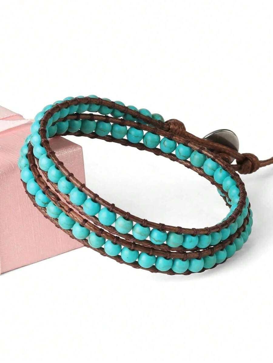 1 件蓝绿松石串珠男士皮革包裹手链波西米亚手工双层手镯天然石玛瑙手链女士男士珠宝 S625 - Bracelet - 查看 1