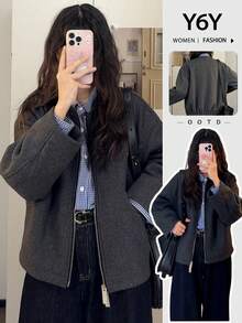 Y6Y 2025 新款秋冬韩版复古灰色女式夹克外套 - 深灰色 - 查看 8