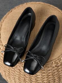 MonaNise Women's Square Toe 3cm Heel Pumps, Suitable For Work, Commute, Dinner Party, Vintage Bow Accent, Navy Blue, Fashionable Casual Slip-On Shoes - màu đen - Xem 3