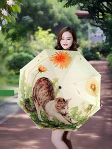 Guarda-chuva Dobrável Gato Preguiçoso, Presente para Mulheres, Escola Fofa, Ultralight, Portátil, Proteção UV, Proteção contra Chuva, Essenciais de Viagem, Flor, Sombrinha Compacta