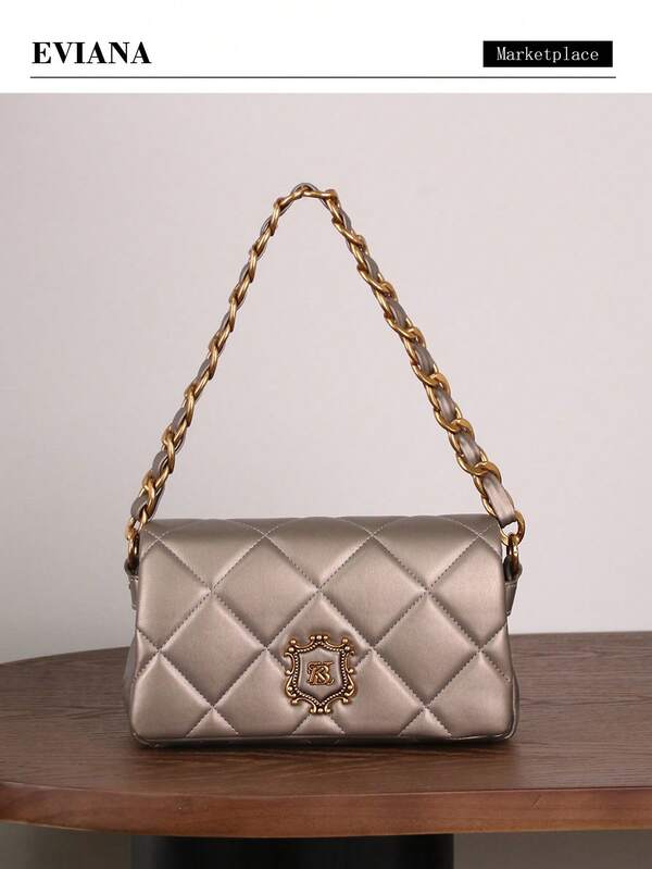 Nuevo bolso de hombro y axila de lujo color champán, elegante y de moda para mujeres. Bolso de cuero suave acolchado con pespuntes y correa de cadena, versátil y de gran capacidad para uso diario.