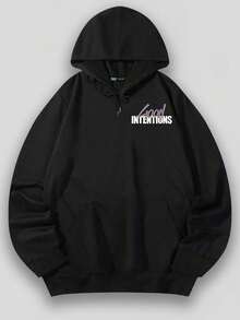 Aged Washed Cotton Crew Neck 270g Double-Sided Printing Men's Hoodie With Soft And Breathable Fabric, Presenting Purple "V" Letter, Pigeon Pattern And The Text "Good Intentions"  Y2k,Soulja,Concert,Halloween,Gothic,Vintage,Streetwear Graphic,009-AB - màu đen - Xem 3
