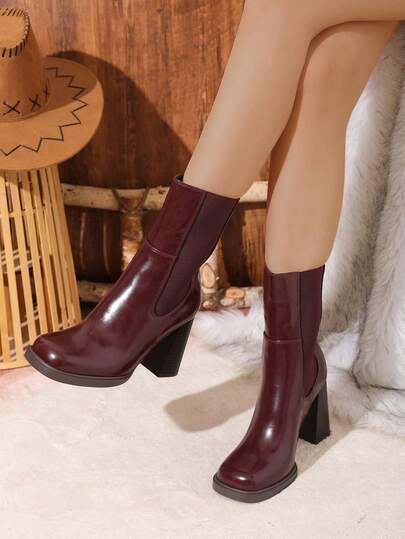 Botines de tacón grueso para mujer, con elástico y punta cuadrada, cómodos de llevar, versátiles, estilo británico, para otoño/invierno, tacones burdeos