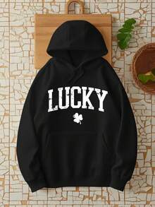 Lucky, Collegiate, Varsity, St Patrick's Day, Shamrock Hoodie - Long Sleeve, Knit Fabric, Relaxed Fit, Full Size, Fashionable Graphic Print, Perfect For Casual Outings And Daily Wear,Fall Hoodies,Men's Fall Clothes,Street Wear,Halloween,Mens Hoodies,Y2k Clothes,Jesus Hoodie,Thanksgiving Day,Nightmare Before Christmas,Christmas - 黑色 - 查看 1