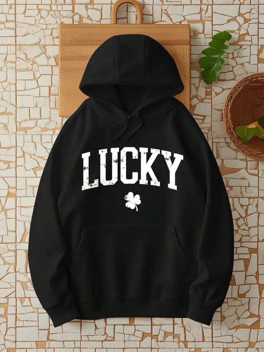 Lucky, Collegiate, Varsity, St Patrick's Day, Shamrock Hoodie - Long Sleeve, Knit Fabric, Relaxed Fit, Full Size, Fashionable Graphic Print, Perfect For Casual Outings And Daily Wear,Fall Hoodies,Men's Fall Clothes,Street Wear,Halloween,Mens Hoodies,Y2k Clothes,Jesus Hoodie,Thanksgiving Day,Nightmare Before Christmas,Christmas - 黑色 - 查看 1