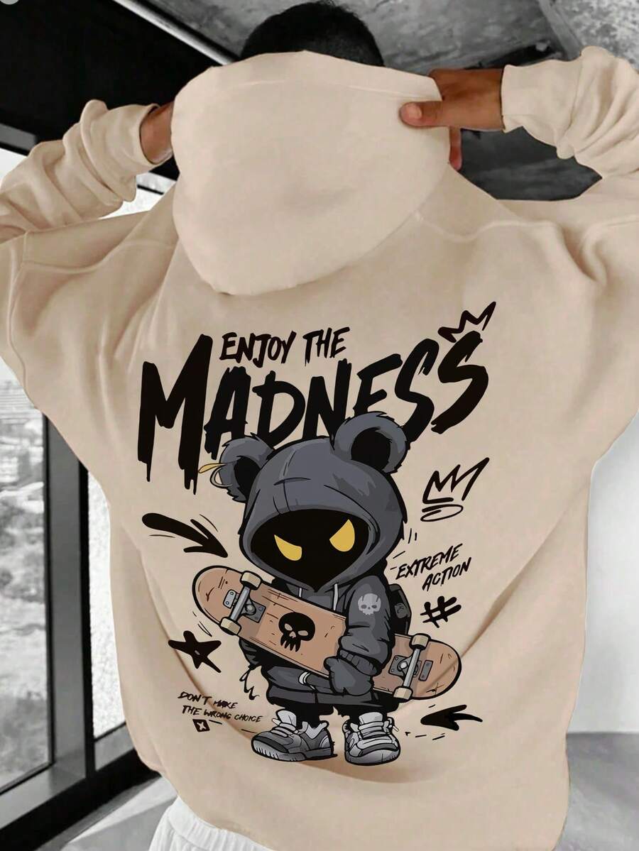 男士休闲时尚街头极限运动卡通印花袋鼠口袋抽绳宽松连帽卫衣，秋冬款