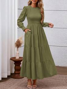 Women's Long Sleeve Maxi Dresses Fall Casual Smocked Trim Neck Swiss Dot Tiered Flowy Wedding Guest Dress - 軍綠色 - 查看 2