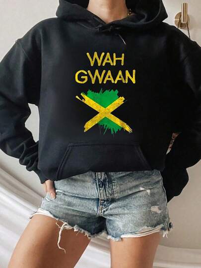 Wah Gwaan Jamaica Flag Cross Design Round Neck Short Sleeve Hooded Sweatshirt Women's And Men's Patterned Sweatshirts