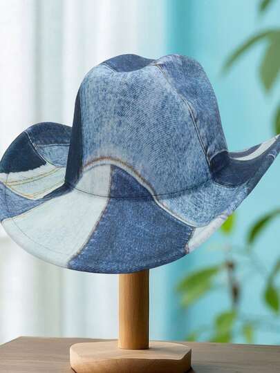 Women Denim Cowgirl Hat Contrast Color Wide Brim Western Cap For Party, Wedding, Daily Wear