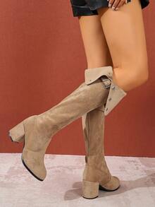 女士过膝长靴，粗跟，保暖，搭扣闭合，圆头，高跟，松紧带，秋冬 - 杏色 - 查看 6