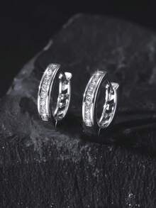 1 Pair Men's Fashion Copper & Cubic Zirconia Small Hoop Earrings, Suitable For Street, Party, Daily Wear, Holiday Gift - Multicolor - View 14