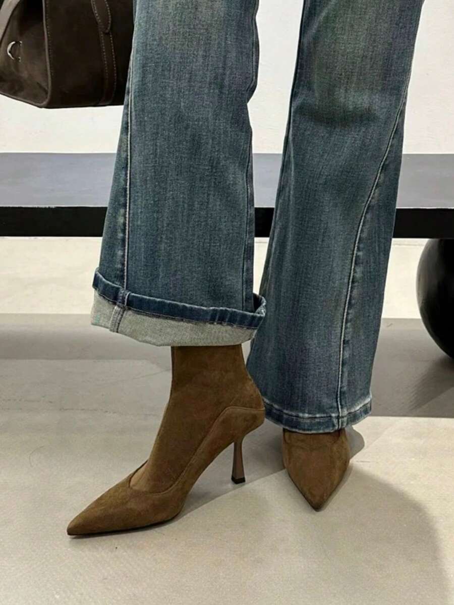 2025秋冬新款欧美尖头高跟踝靴，修身拼接踝靴，复古棕色踝靴，猫跟 - 橄欖綠 - 查看 1