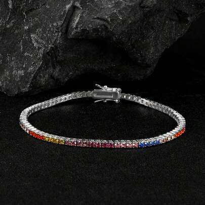 MDFUN سوار تنس بألوان قوس للنساء - مطلي بالذهب الأبيض عيار 18 قيراط، سوار مرصع بزركونيا مكعبة ملونة كهدية مجوهرات