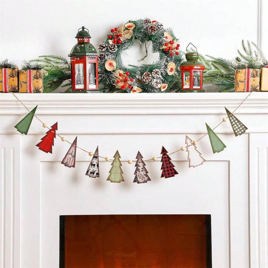 Christmas Tree Garland Wooden Tree Beads Garland Holiday Banner For Fireplace Mantel Wall Hanging Decor - Colorful - View 1