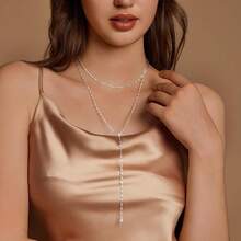 Luxval Lariat Gold Necklace For Women, Dainty Long Necklace 14k Gold Plated/Silver Y-Shaped Pendant Necklaces  Beaded Chain Drop Necklaces Jewelry For Women Gifts{"Color_name":"Silver-Wavecz"} - 銀波茨 - 查看 4
