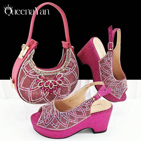 Conjunto de Sapatos e Bolsa para Festa da Noite QueenYan, Feito de Material Sintético Semelhante a Camurça com Enfeites de Strass, Salto Anabela de Plataforma, Bolsa Clutch com Decoração de Metal Fashion e Strass, Sola Antiderrapante, Alça Ajustável, Palmilha Confortável