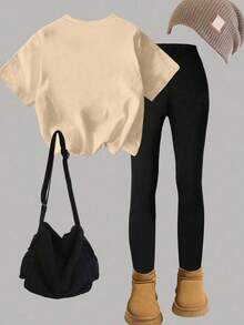 两件套少女时尚豹纹套装，Y2K风格，引领潮流，夏季必备单品 - 杏色 - 查看 3