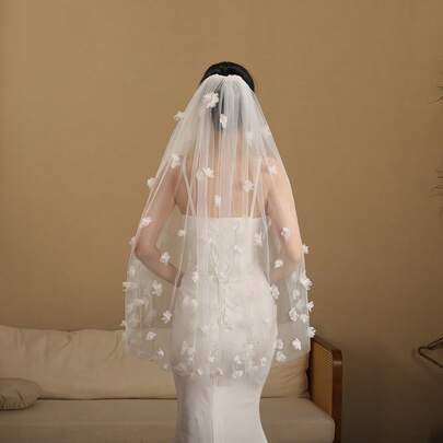 1 قطعة حجاب عروس أنيق، شبكة بيضاء بتصميم زهري ثلاثي الأبعاد، مناسب لحفلات الزفاف في الكنيسة والتصوير الفوتوغرافي، إكسسوار لأجواء الزفاف