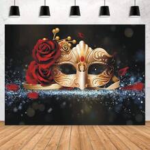 2D平面威尼斯假面舞会背景幕布，单件装 - 金色面具配红色玫瑰图案，适用于狂欢节、生日派对和人像摄影，闪亮钻石装饰，无需电源，不含羽毛 - 紅色 - 查看 3