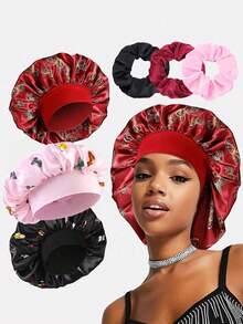 6件装女士印花缎面睡眠帽头带发巾，适合日常佩戴，可搭配发圈 - 彩色 - 查看 6