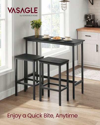 Dining Table Set, Bar Table And Stools, Breakfast Bar Table With 2 Rectangular Bar Stools, Industrial Steel Frame, Ebony Black And Ink Black LBT218B56