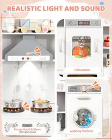 MAMIZO Kids Corner Play Kitchen, Ultimate Interactive Wooden Kitchen Playset With Lights & Sounds, Cooking Toy Set With Stove, Range Hood, Sink, Faucet, Ice Maker & Washing Machine - White - View 6