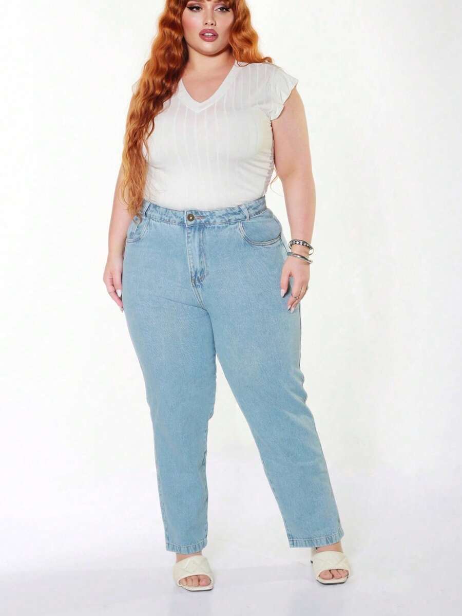Calça Jeans Mom Básica Plus Size Cintura Alta Casual Simples    Bolso  Zíper  Botão