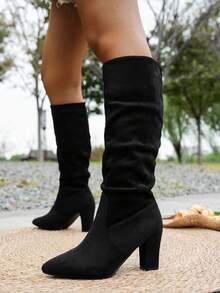 Fall/Winter Women's Fashion Pointed Toe Pleated High Heel Boots - Black - View 5