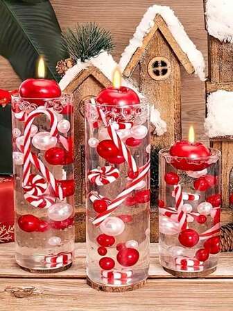 5064 件/套圣诞花瓶填充物、圣诞桌面花瓶填充物、透明生长豆、漂浮蜡烛配件、桌面散布装饰，配有人造珍珠和红白拐杖糖，适用于圣诞节、冬季、新年家居装饰、透明花瓶填充水滴、水凝胶球、水晶球、水生球