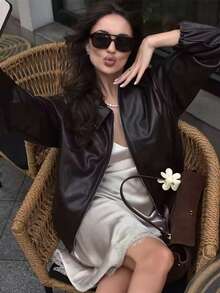 HH Damen Herbst Kunstleder braune Bomberjacke mit Kragen, Saum Raffungen, Reißverschluss Jacke für die Straße