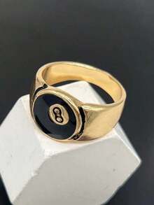 1pc Fashionable And Personalized European And American Design Black Eight Ball Ring Suitable For Men's Daily Wear - 黃金 - 查看 5