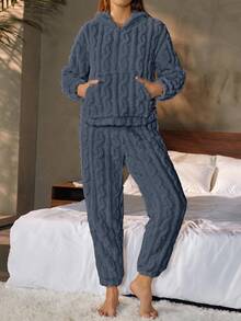 Nina Bonheur 两件套女士加厚双面抓绒连帽衫+舒适家居裤套装，适合居家穿着，蓬松舒适的冬季服装 - 藍色 - 查看 7