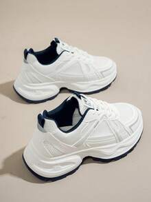 女士春秋新款休闲厚底运动鞋，网眼透气厚底坡跟休闲鞋，轻便百搭时尚系带白/灰色休闲运动鞋，适合所有季节 - 藍色 - 查看 3