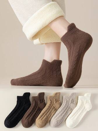 2双/1双女士多色麻花针织短袜，毛茸茸保暖，适合室内/居家穿着，秋冬季节适用。