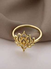Fashionable Fine Jewelry1 Vintage Lotus Ring Women's Floral Ring Wedding Couple's Rings Aesthetic Jewelry Valentine's Day/Mother's Day/For Mom/Mother's Day Gift-Suitable For Everyday Wear And Various Occasions - 金色 - 查看 3