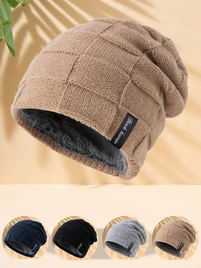 1顶男女通用保暖针织帽，弹力柔软舒适，休闲户外冬季帽，带布标，黑色，适合日常佩戴和送礼，冬季保暖帽，男士冬季服装