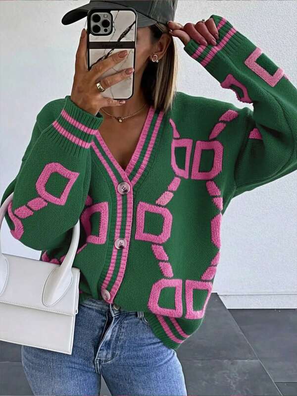 Women's Casual Letter Pattern V-Neck Single-Breasted Knitted Cardigan Sweater, Long Sleeve, Autumn/Winter Vacation